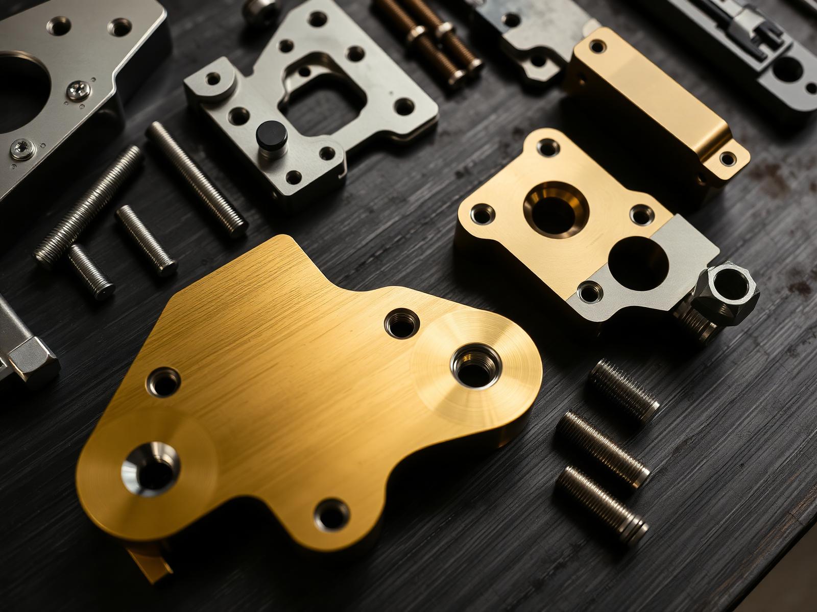Machined components on a workbench